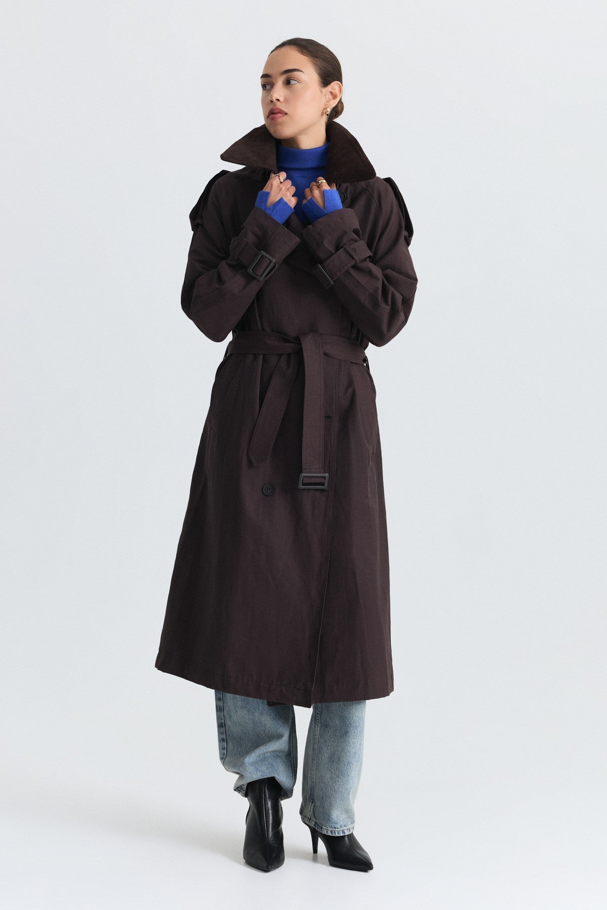 Velvet-Collar Double-Breasted Trench Coat