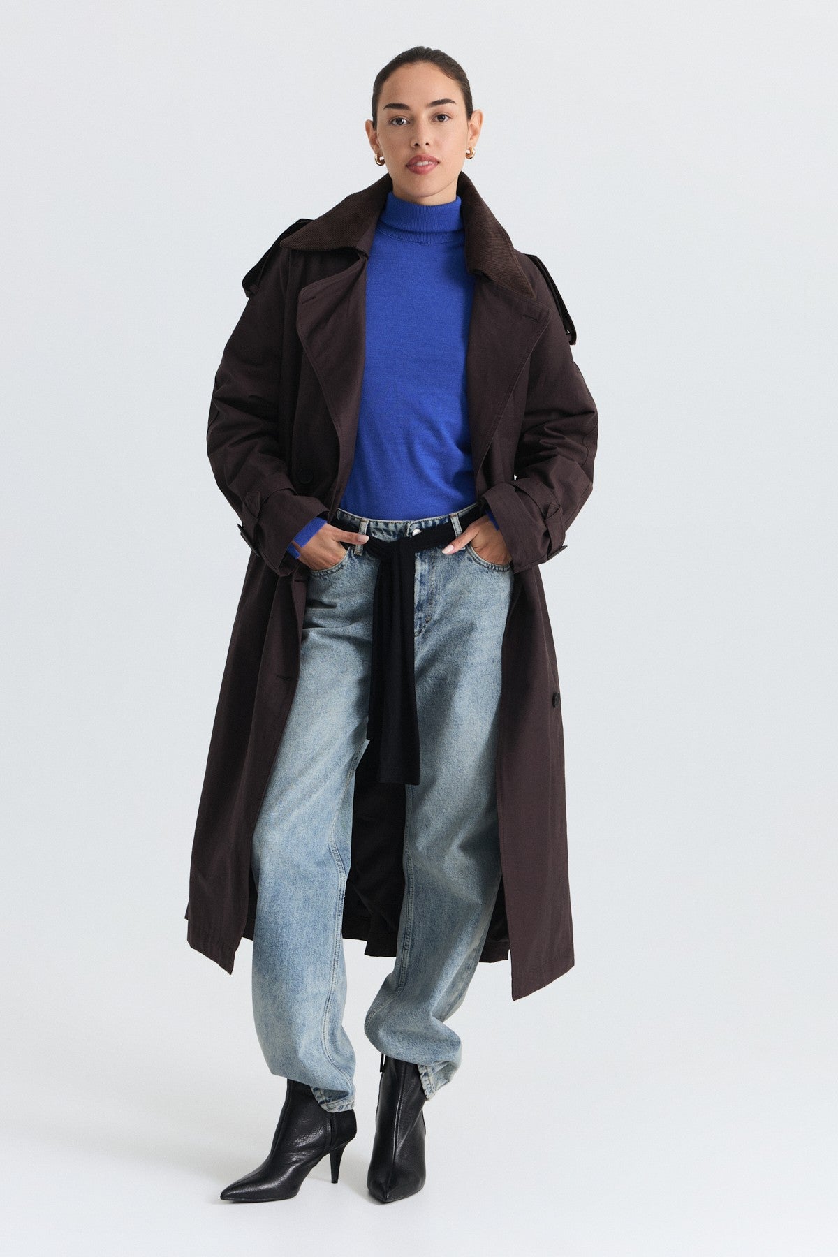 Velvet-Collar Double-Breasted Trench Coat