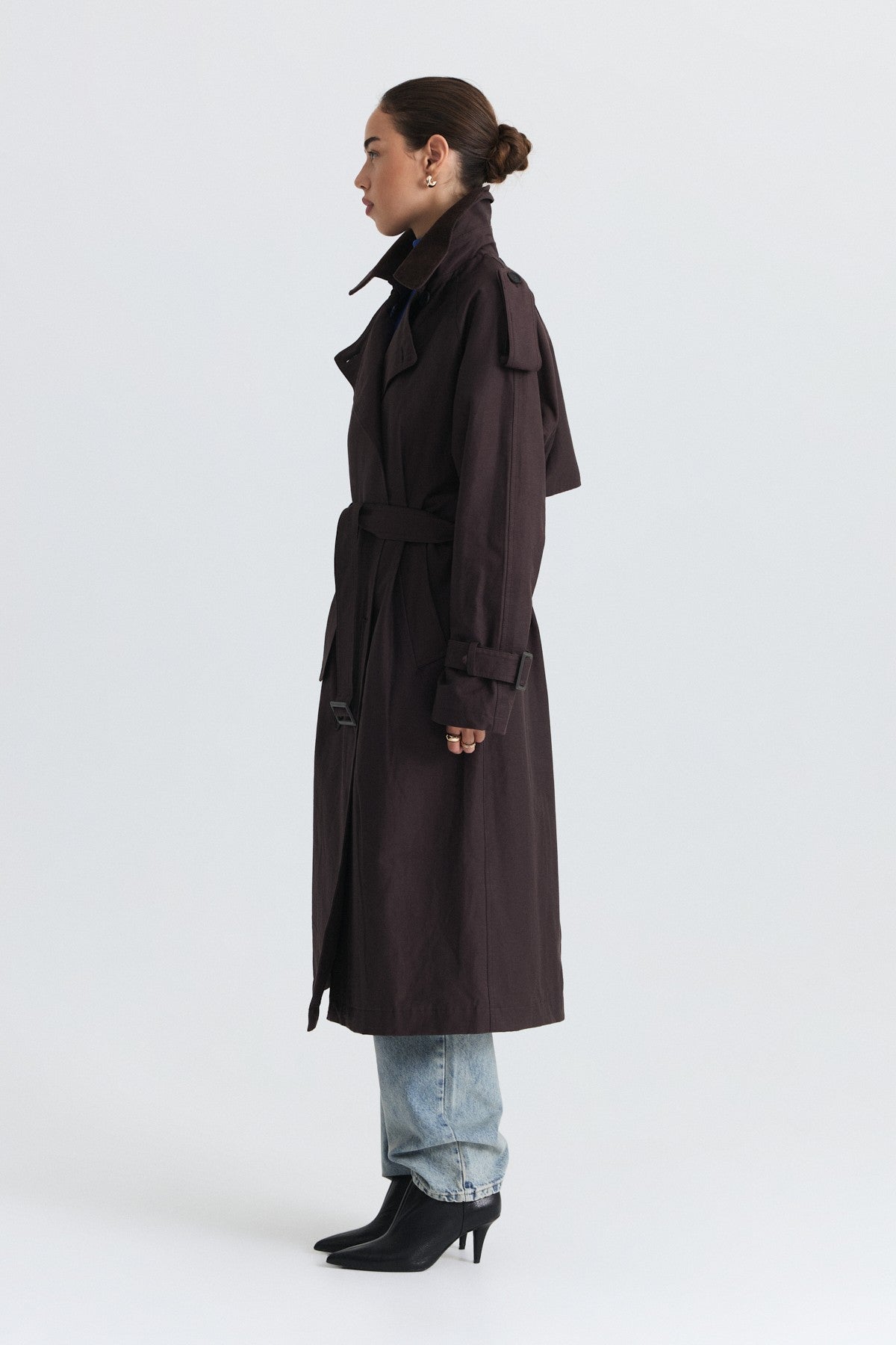 Velvet-Collar Double-Breasted Trench Coat