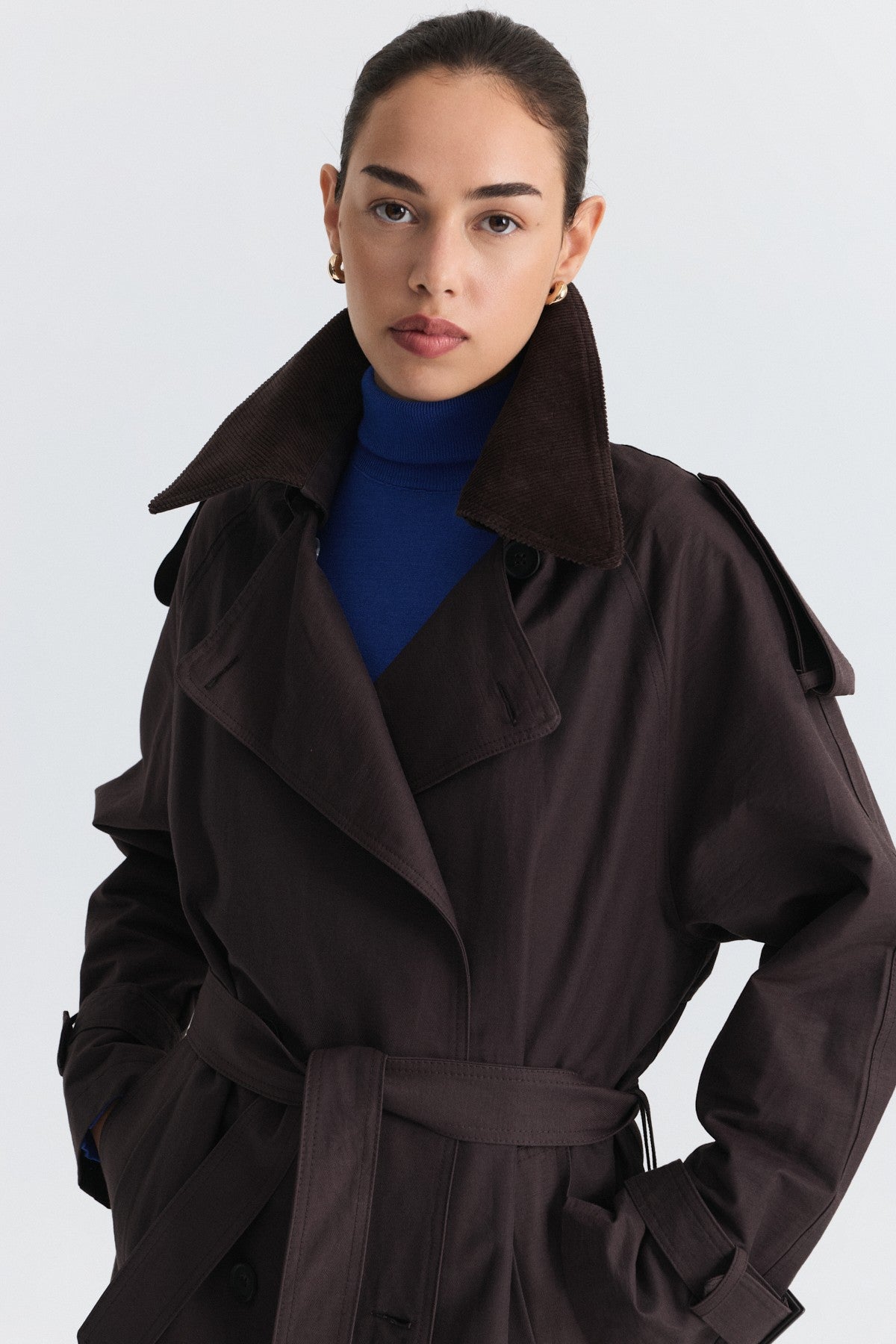Velvet-Collar Double-Breasted Trench Coat