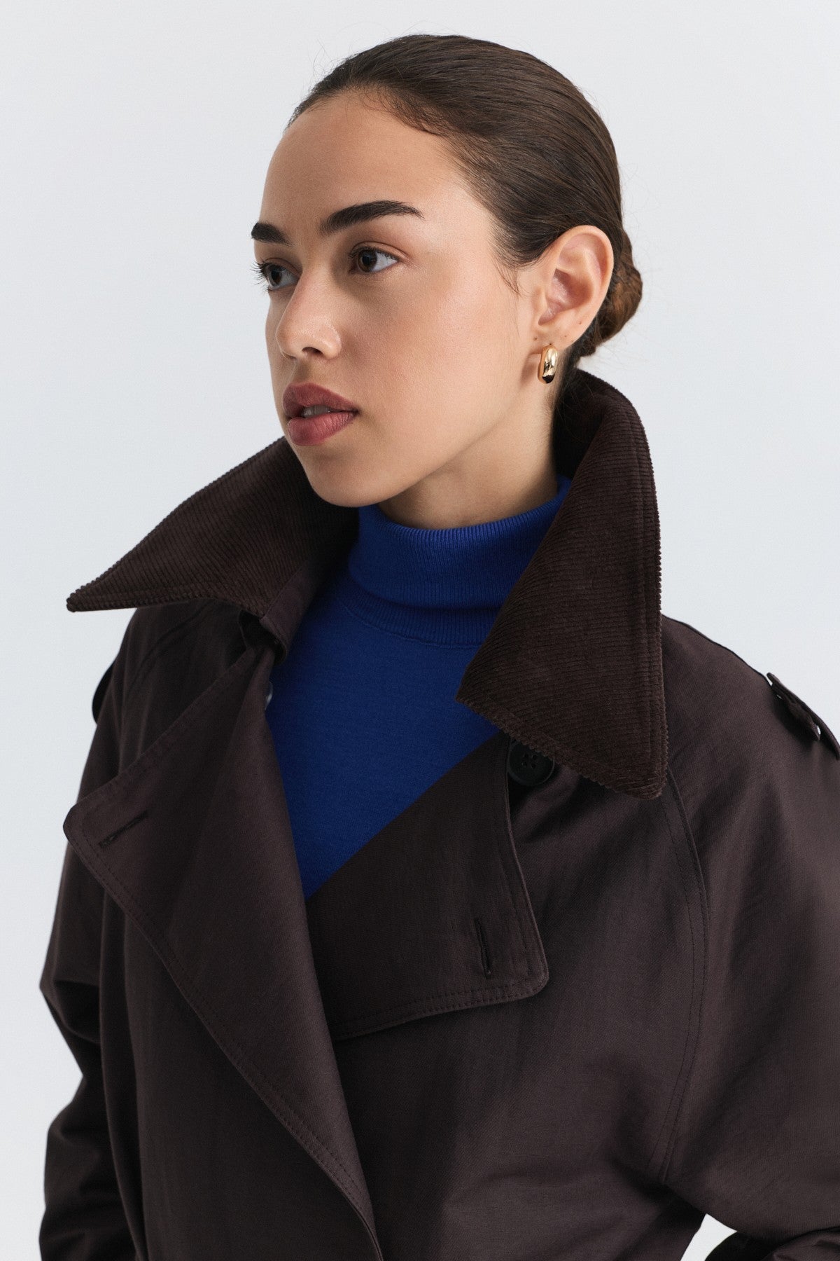 Velvet-Collar Double-Breasted Trench Coat