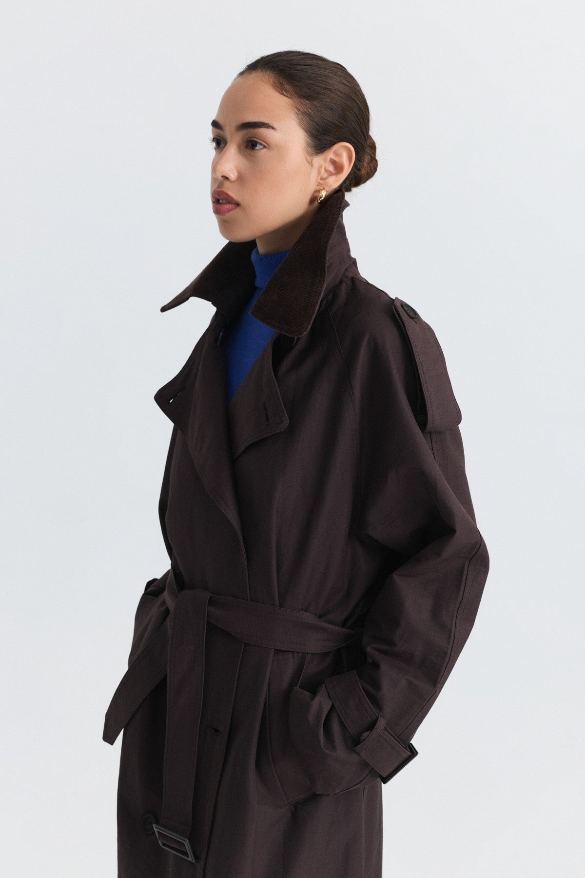 Velvet-Collar Double-Breasted Trench Coat