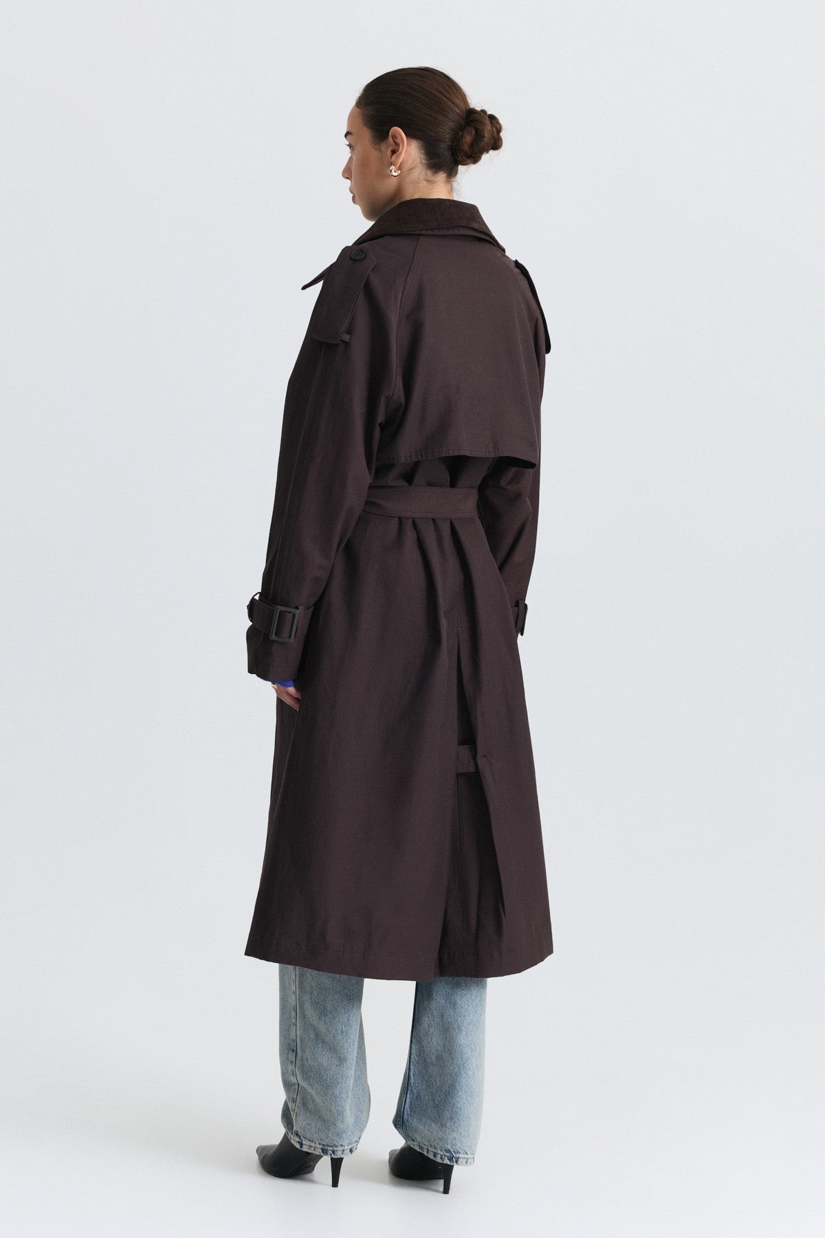 Velvet-Collar Double-Breasted Trench Coat