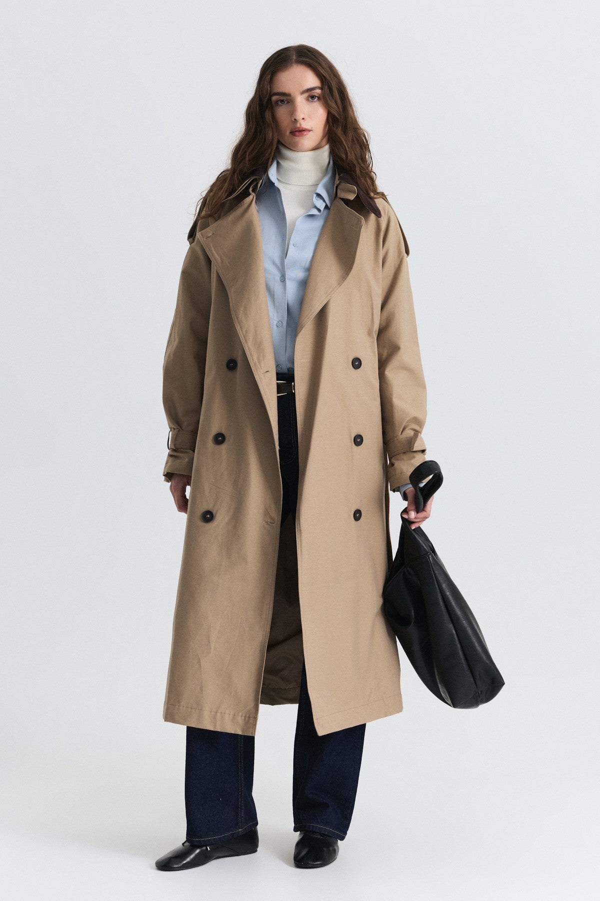 Velvet-Collar Double-Breasted Trench Coat