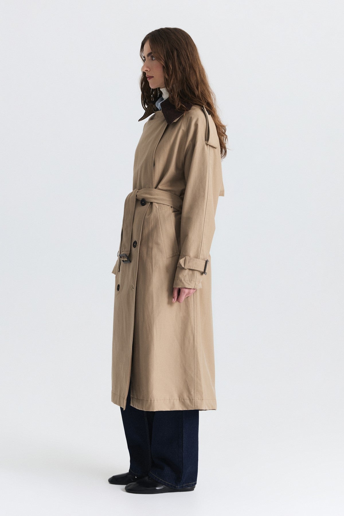 Velvet-Collar Double-Breasted Trench Coat