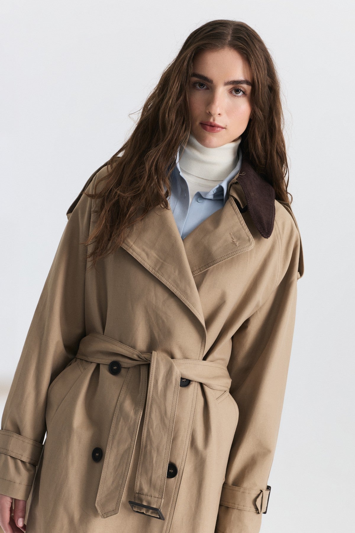 Velvet-Collar Double-Breasted Trench Coat