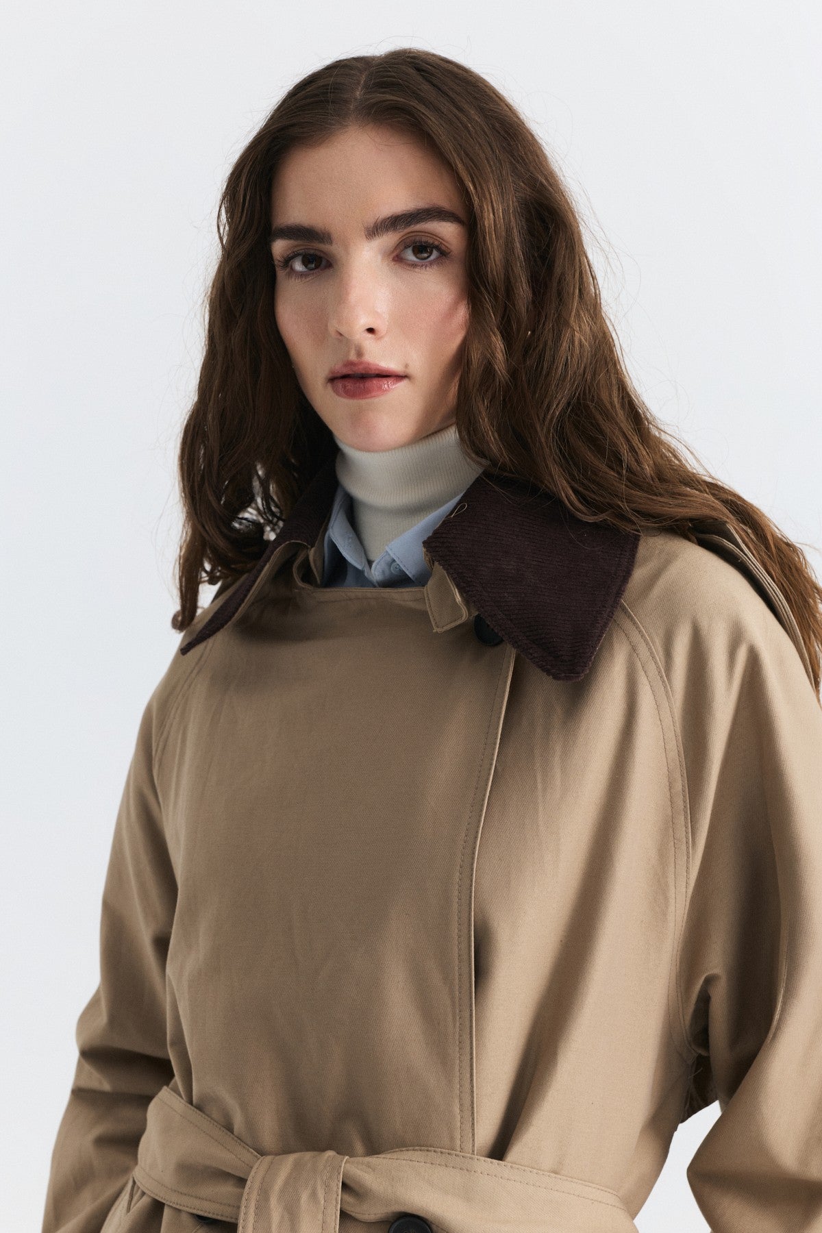 Velvet-Collar Double-Breasted Trench Coat