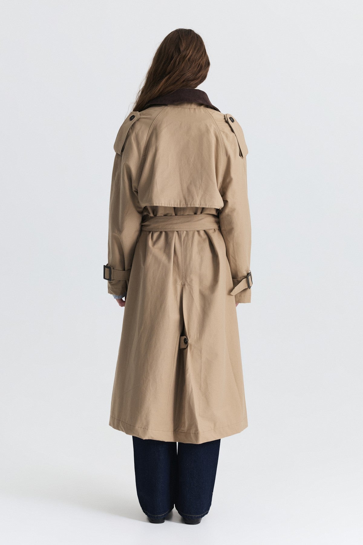 Velvet-Collar Double-Breasted Trench Coat