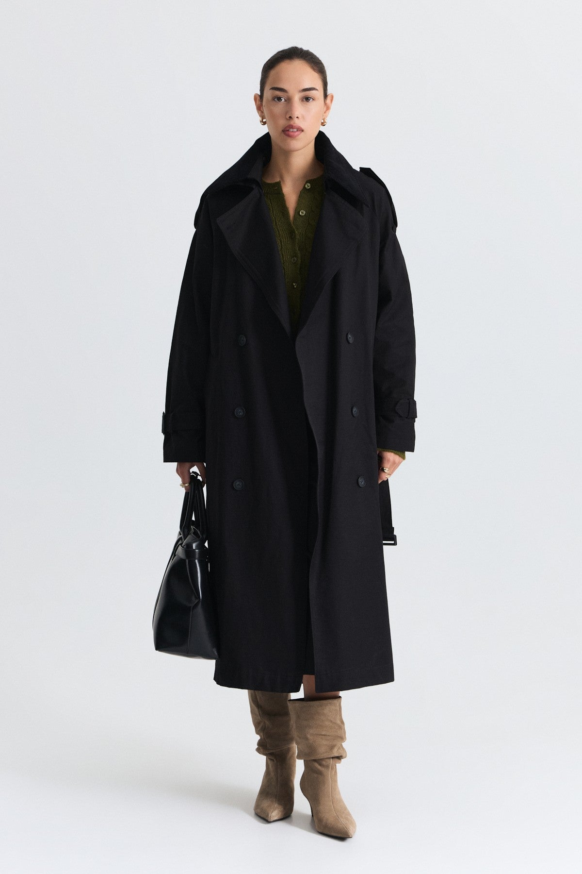 Velvet-Collar Double-Breasted Trench Coat