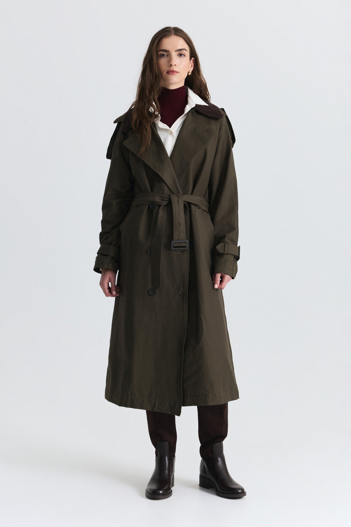 Velvet-Collar Double-Breasted Trench Coat