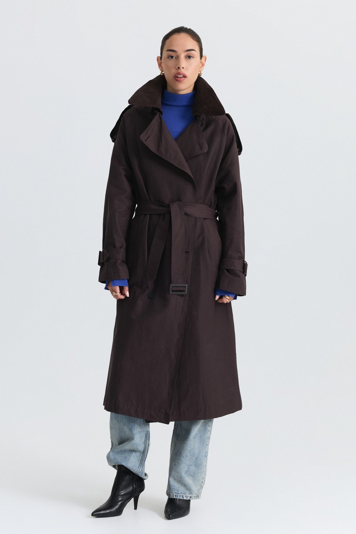 Velvet-Collar Double-Breasted Trench Coat