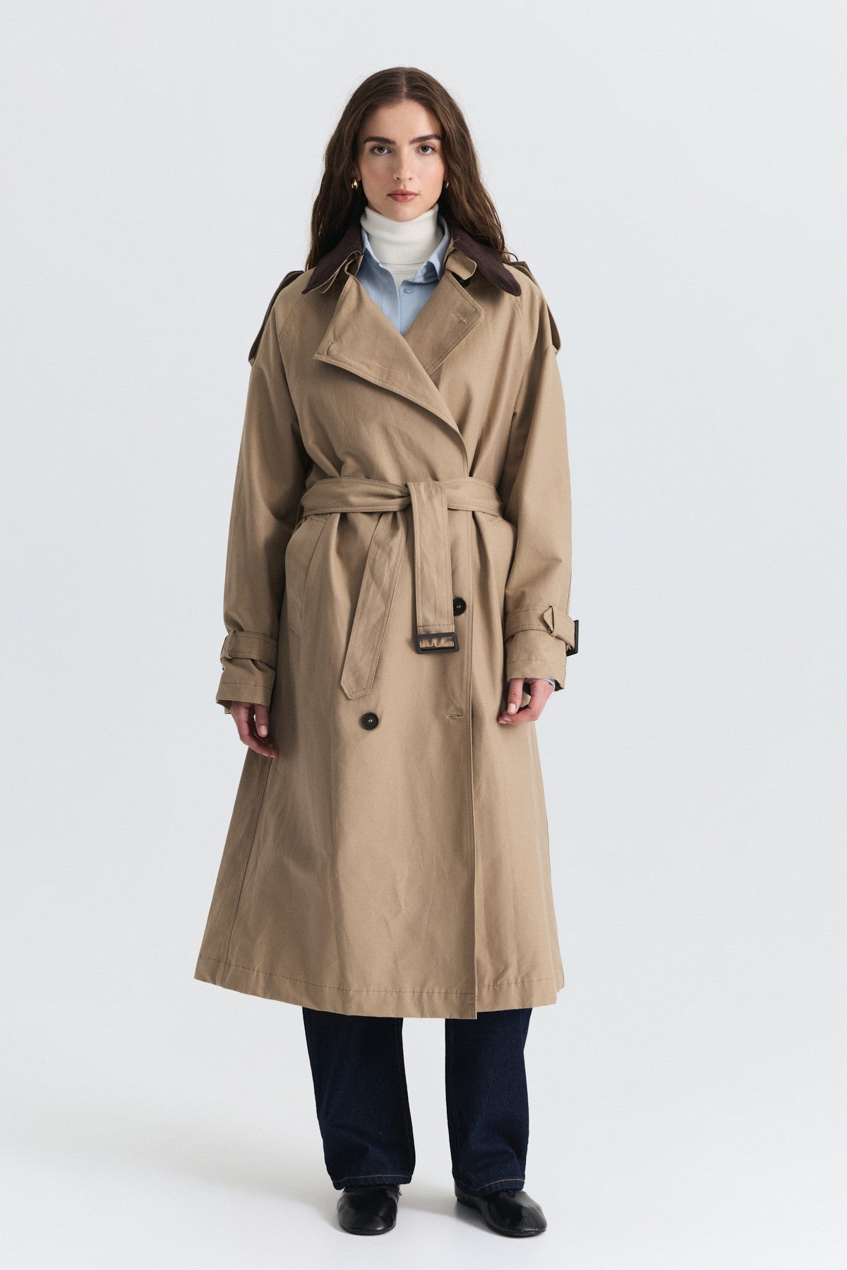 Velvet-Collar Double-Breasted Trench Coat