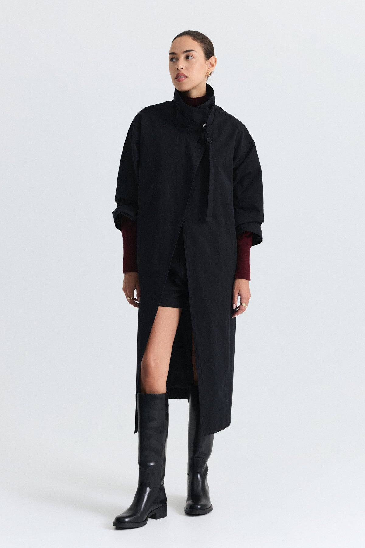Long Trench Coat with Buckle Detail