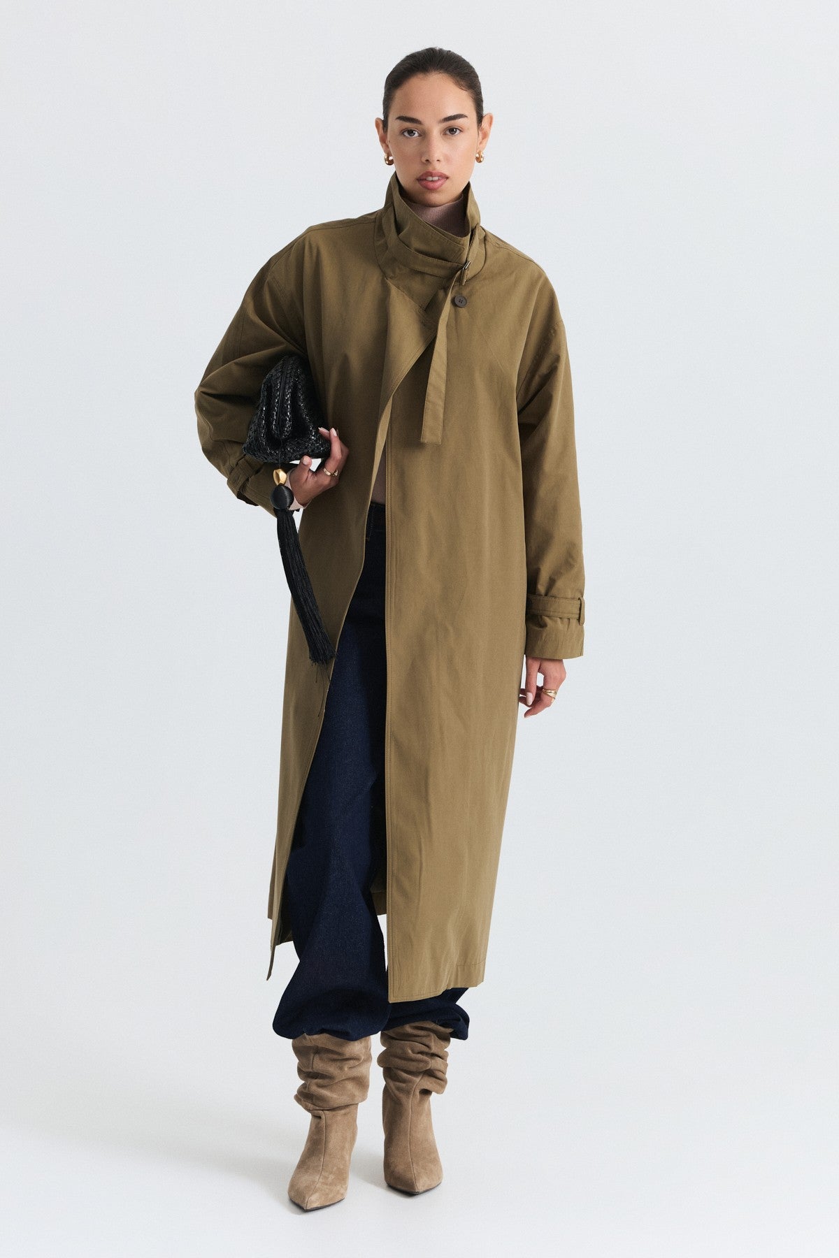 Long Trench Coat with Buckle Detail