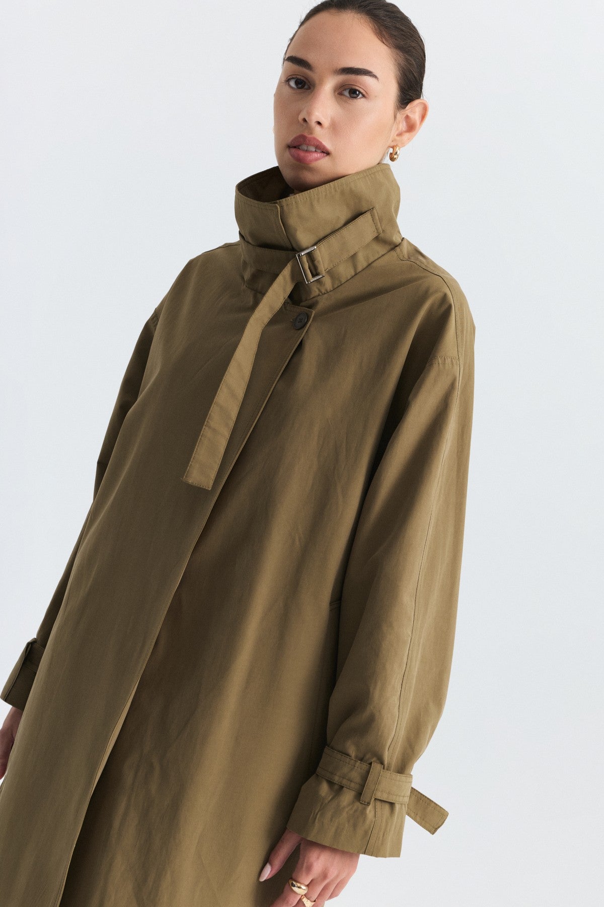Long Trench Coat with Buckle Detail