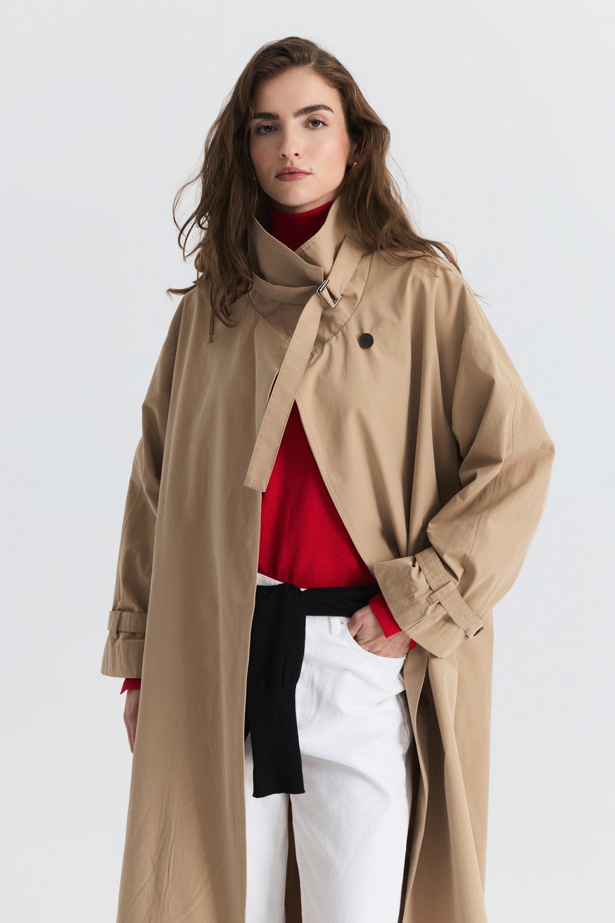 Long Trench Coat with Buckle Detail
