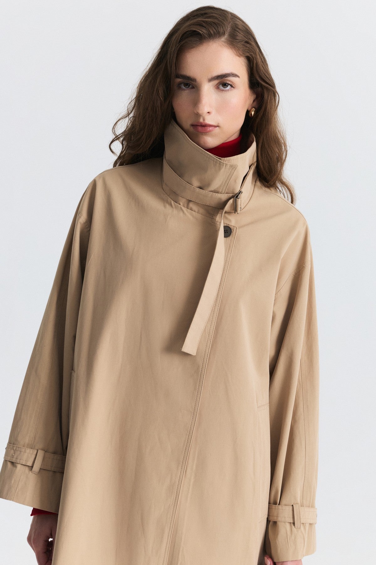 Long Trench Coat with Buckle Detail
