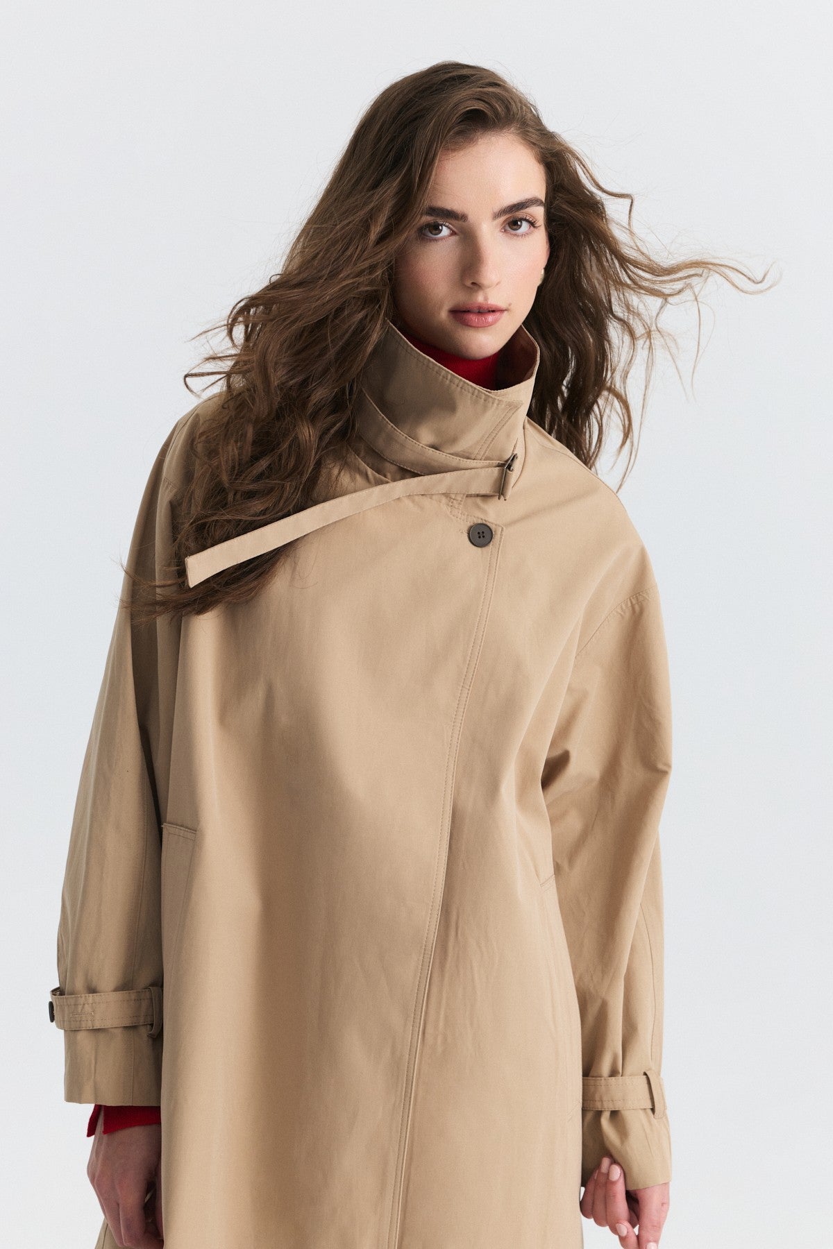 Long Trench Coat with Buckle Detail