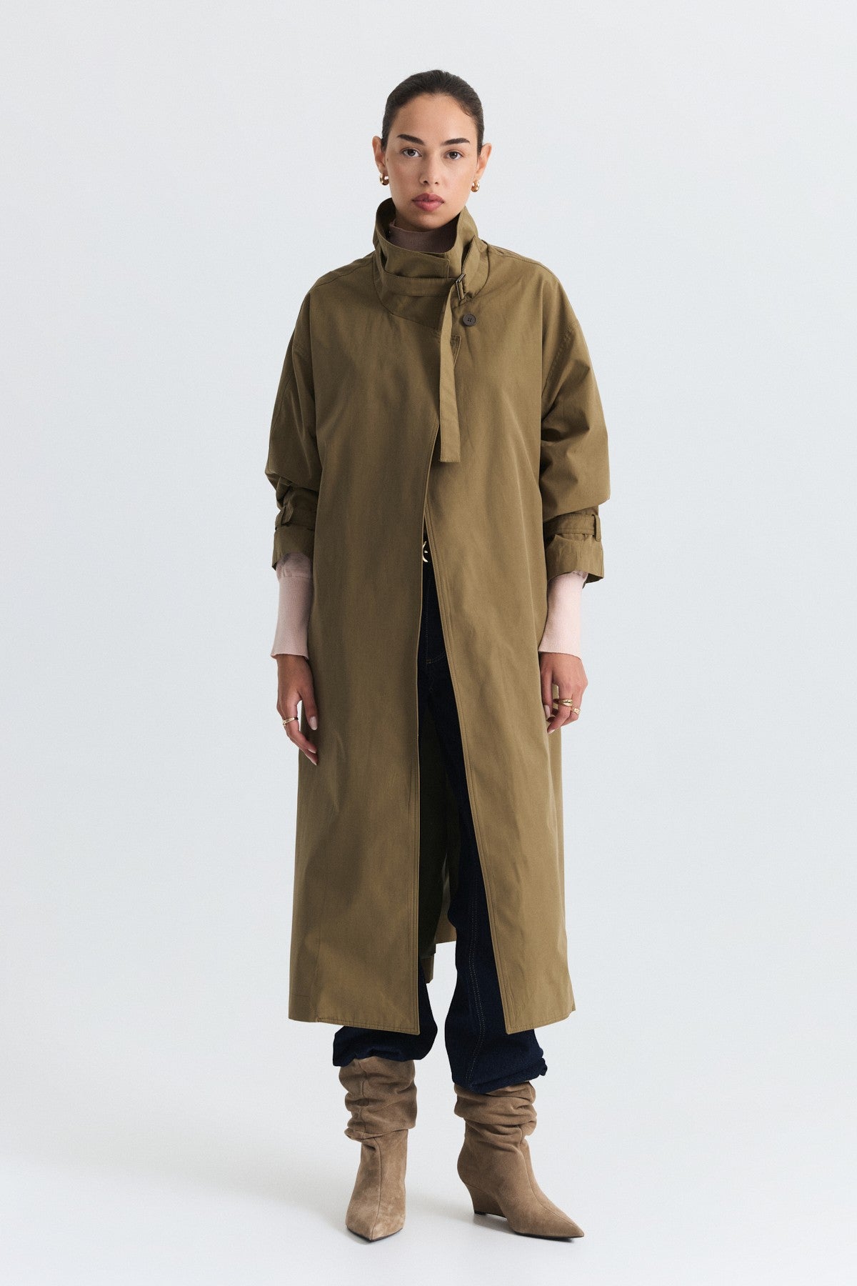 Long Trench Coat with Buckle Detail
