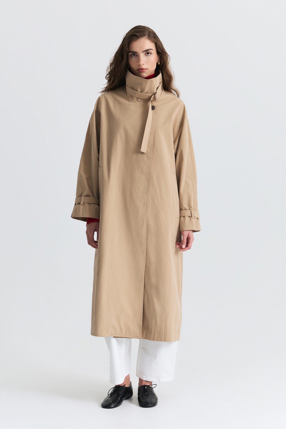Long Trench Coat with Buckle Detail