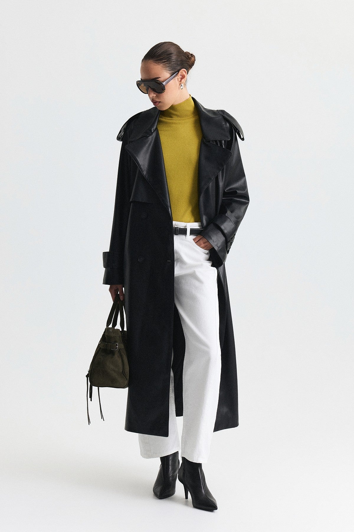 Textured Faux Leather Long Trench Coat