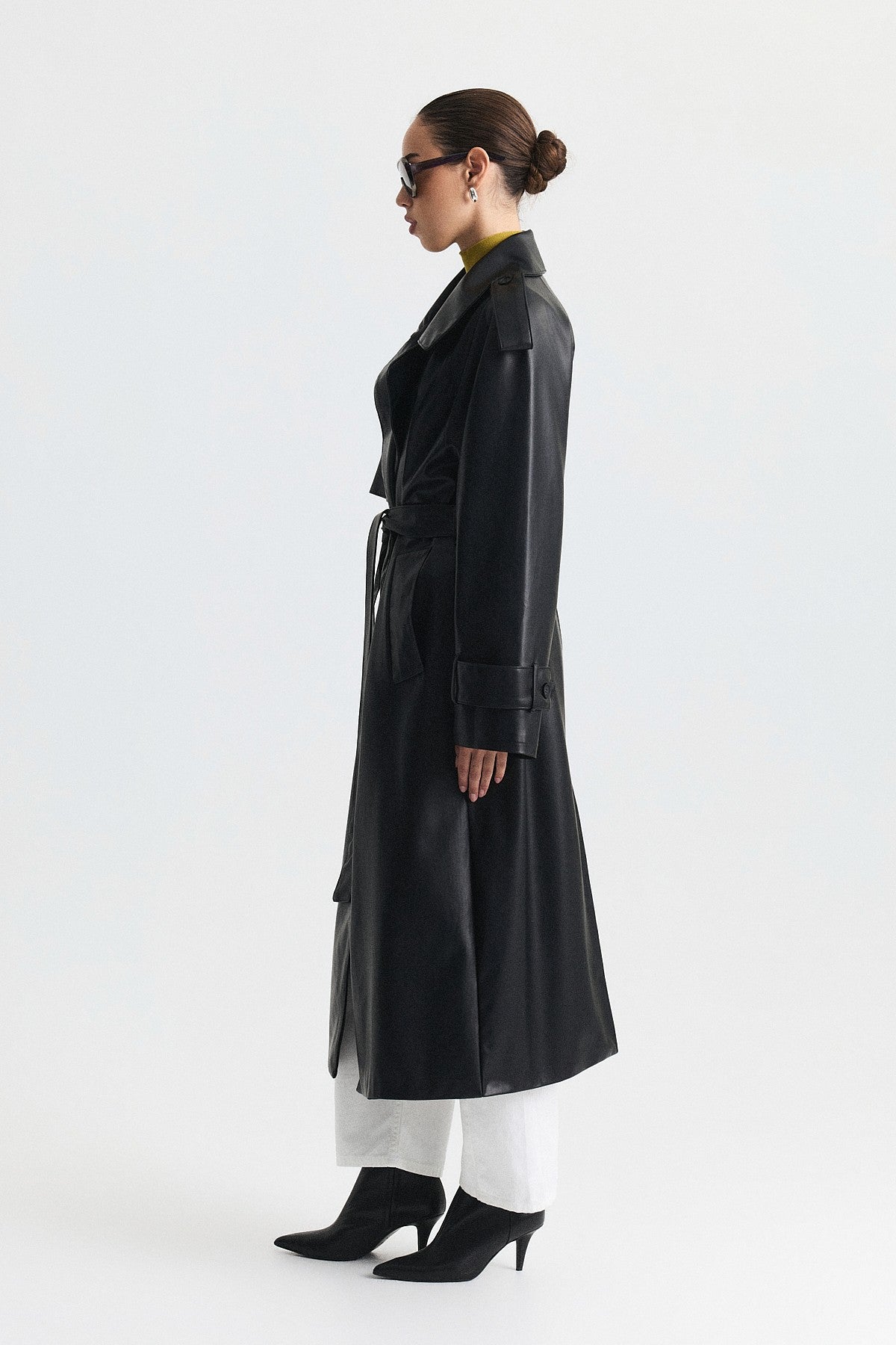 Textured Faux Leather Long Trench Coat