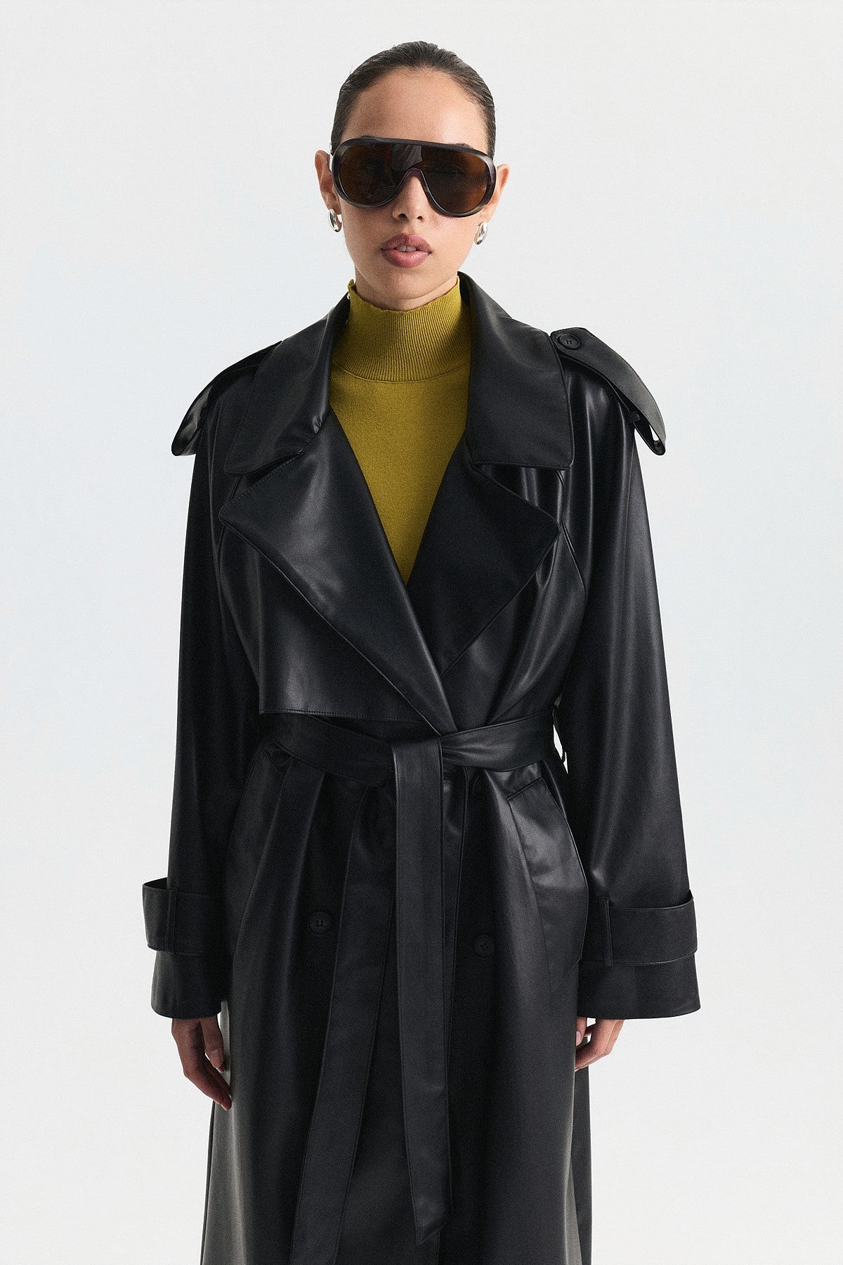 Textured Faux Leather Long Trench Coat