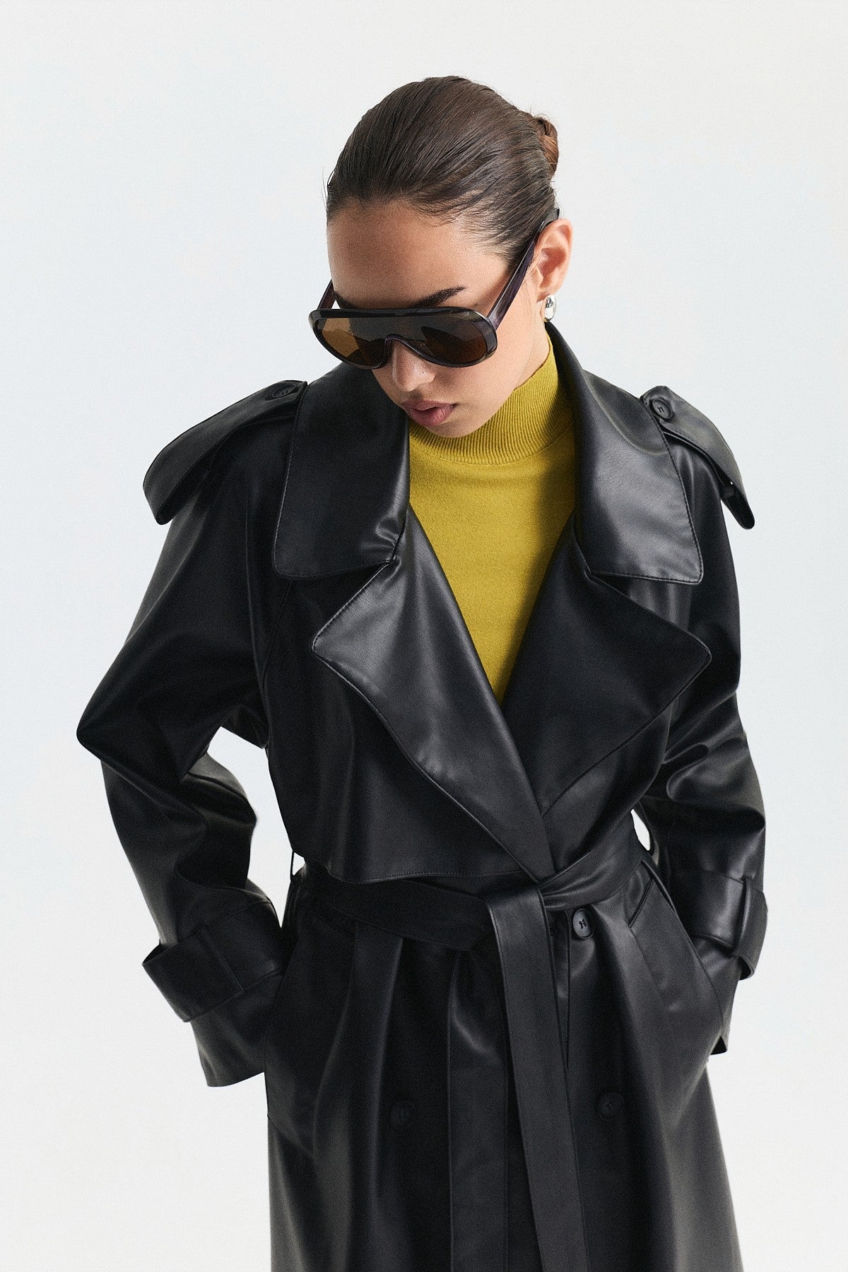 Textured Faux Leather Long Trench Coat