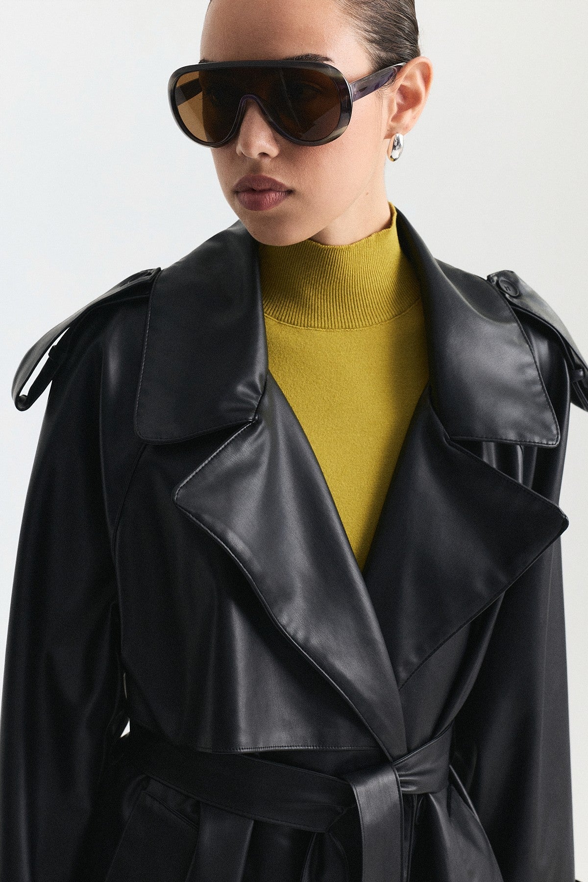 Textured Faux Leather Long Trench Coat