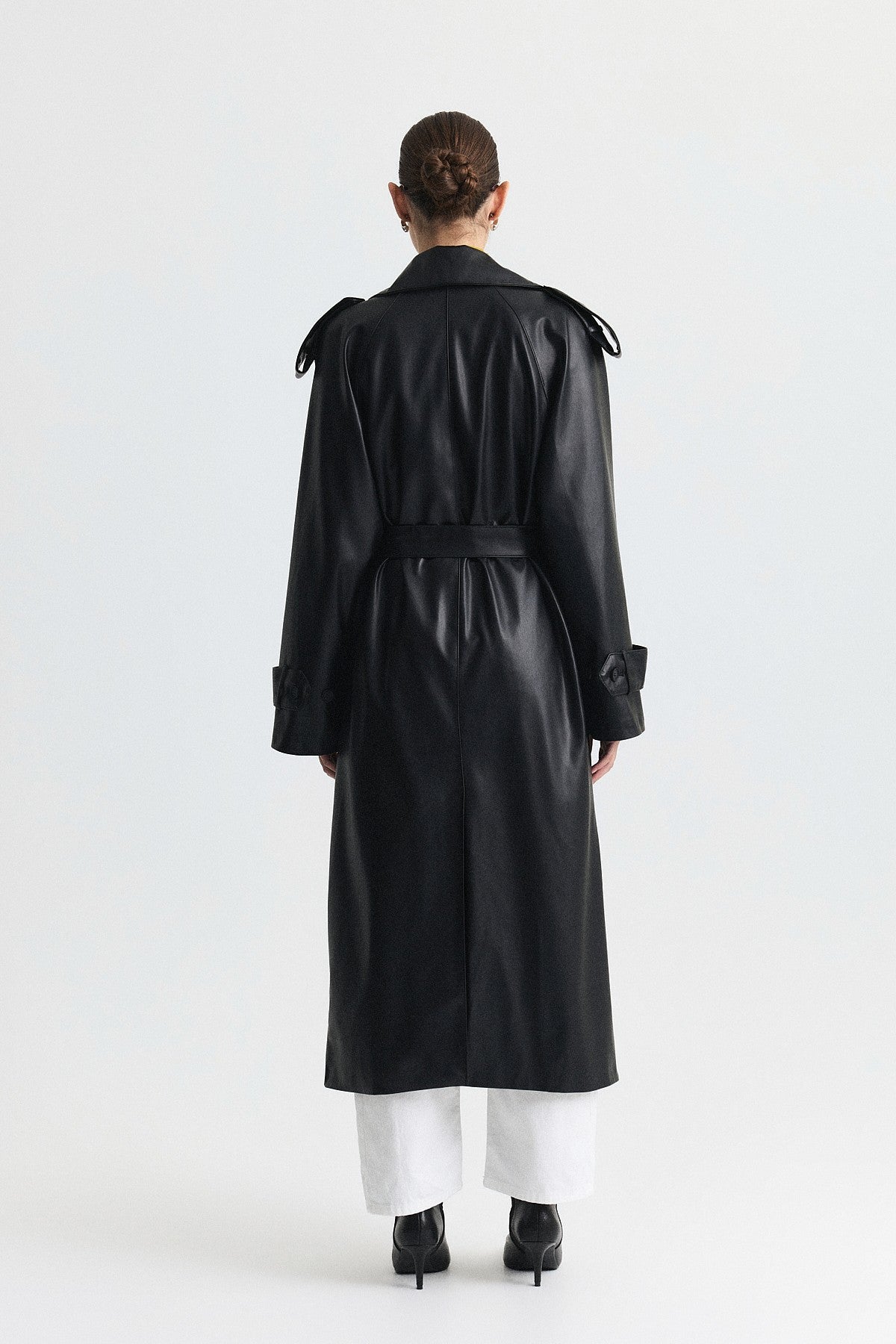Textured Faux Leather Long Trench Coat