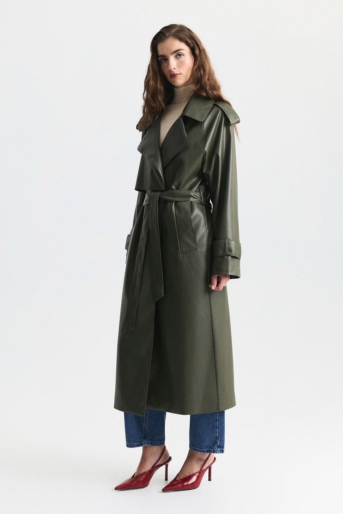 Textured Faux Leather Long Trench Coat