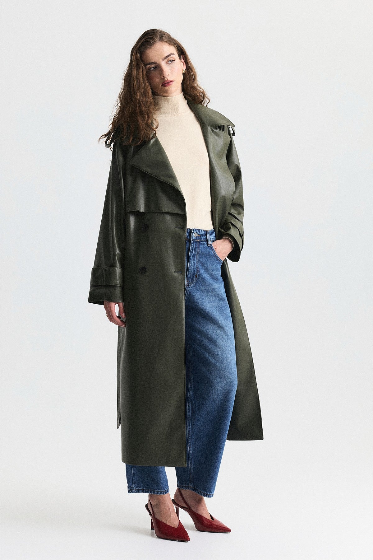 Textured Faux Leather Long Trench Coat