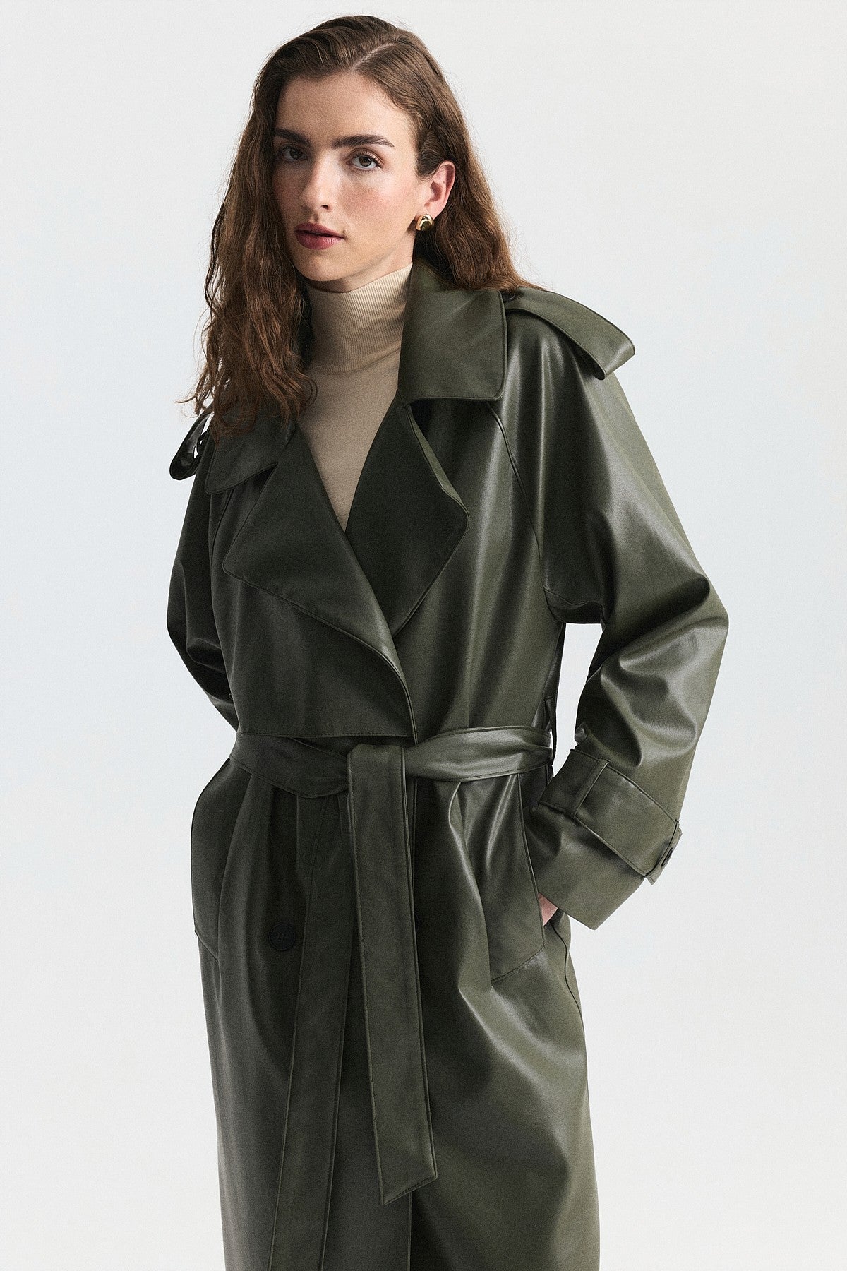 Textured Faux Leather Long Trench Coat