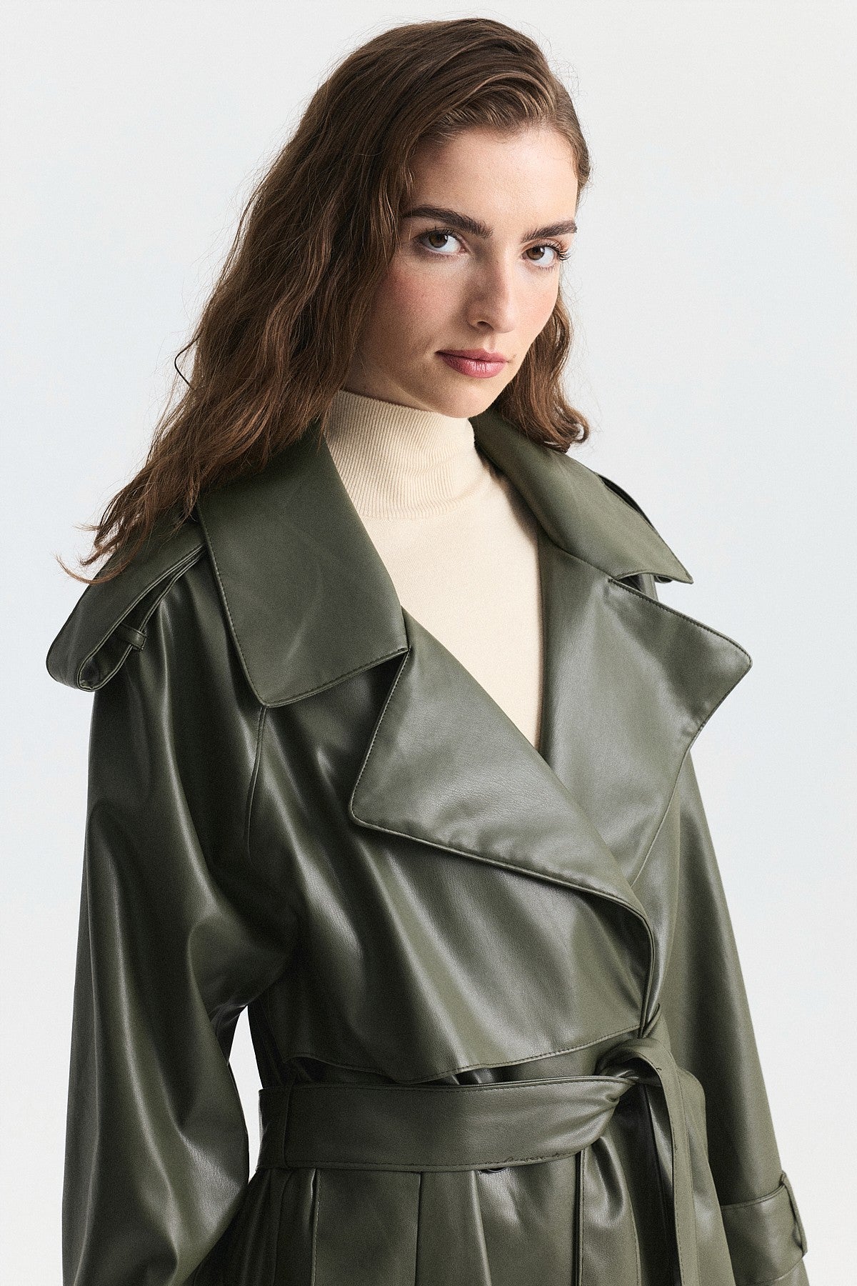 Textured Faux Leather Long Trench Coat