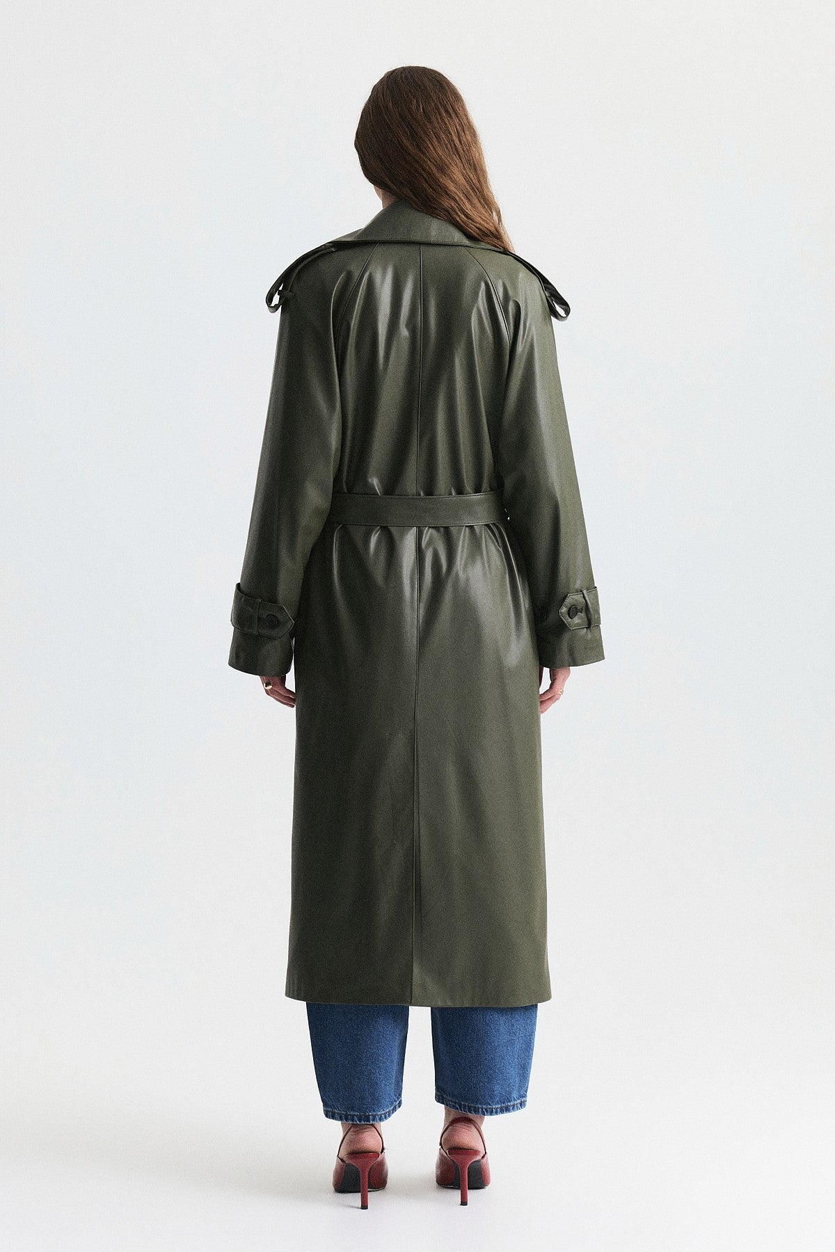 Textured Faux Leather Long Trench Coat