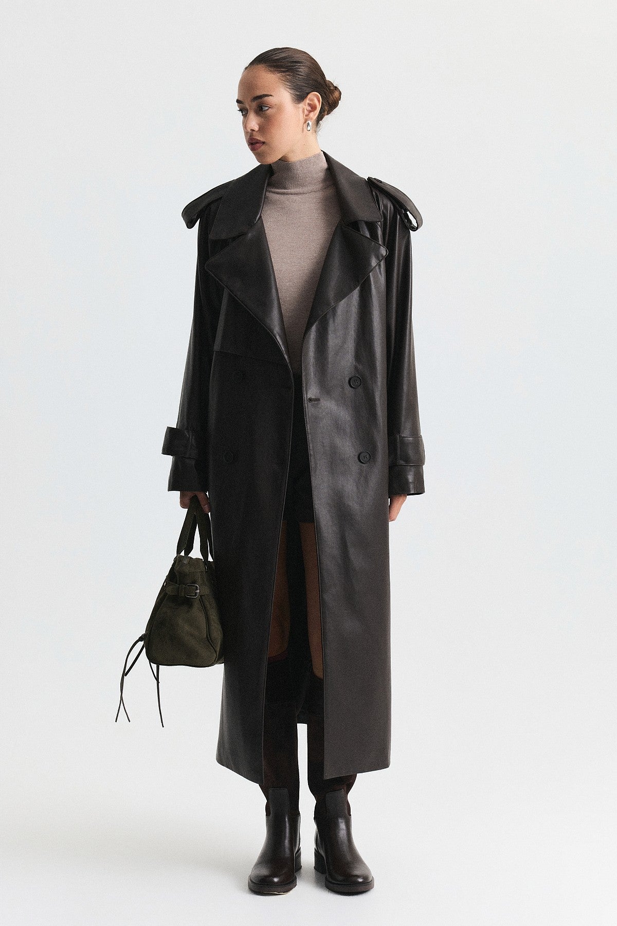 Textured Faux Leather Long Trench Coat