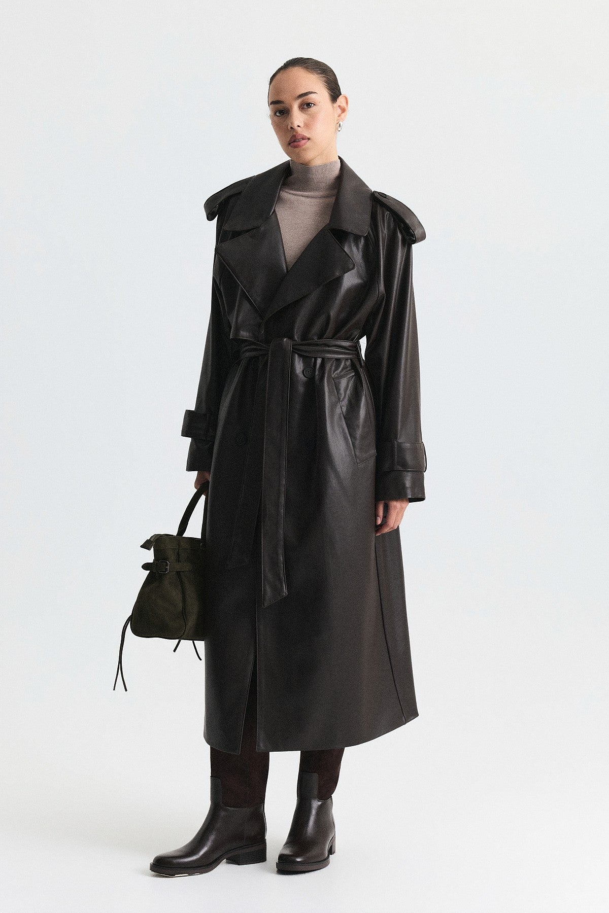Textured Faux Leather Long Trench Coat