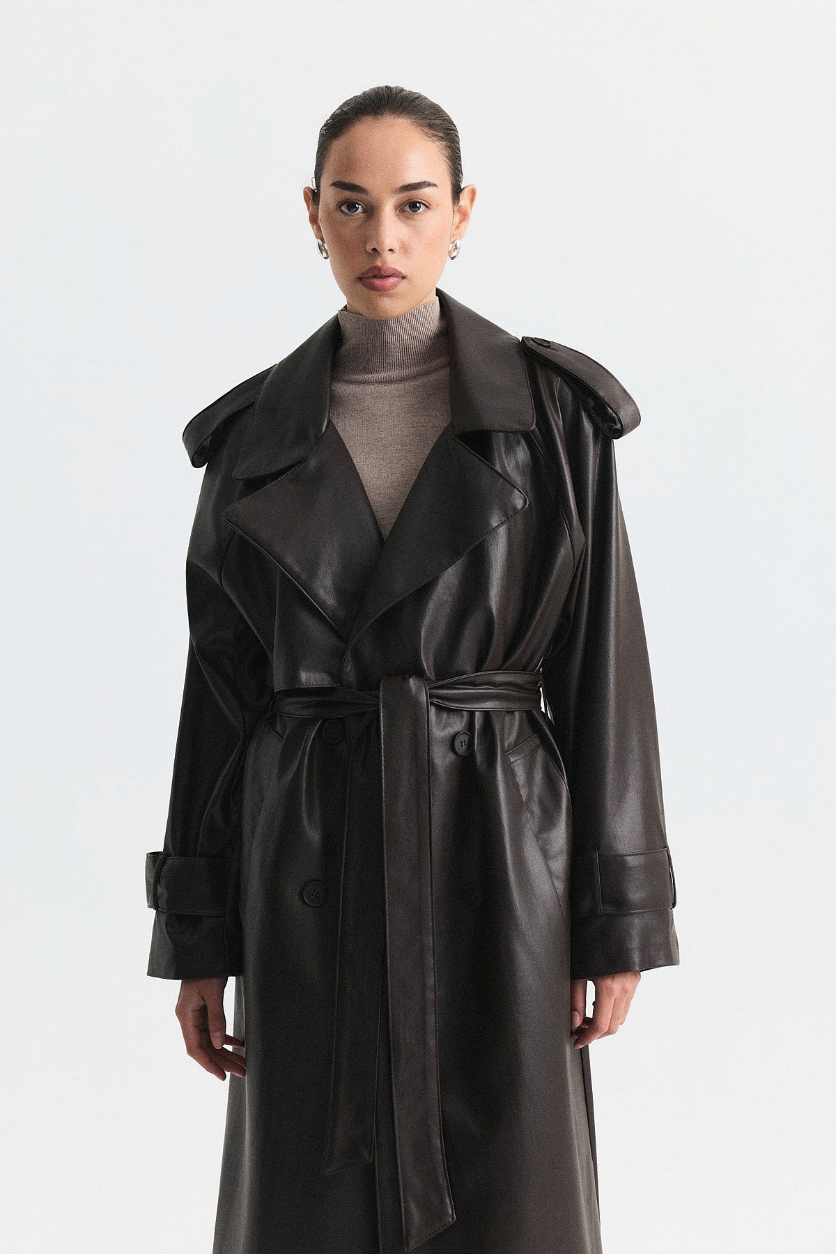 Textured Faux Leather Long Trench Coat