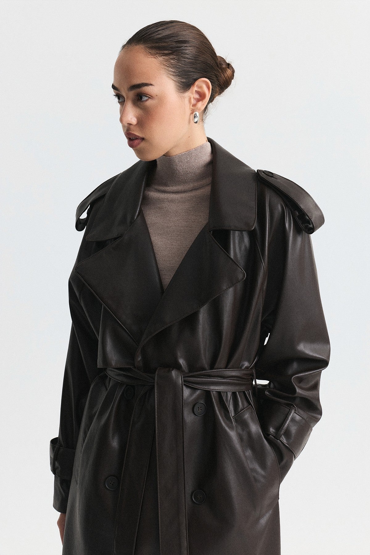 Textured Faux Leather Long Trench Coat