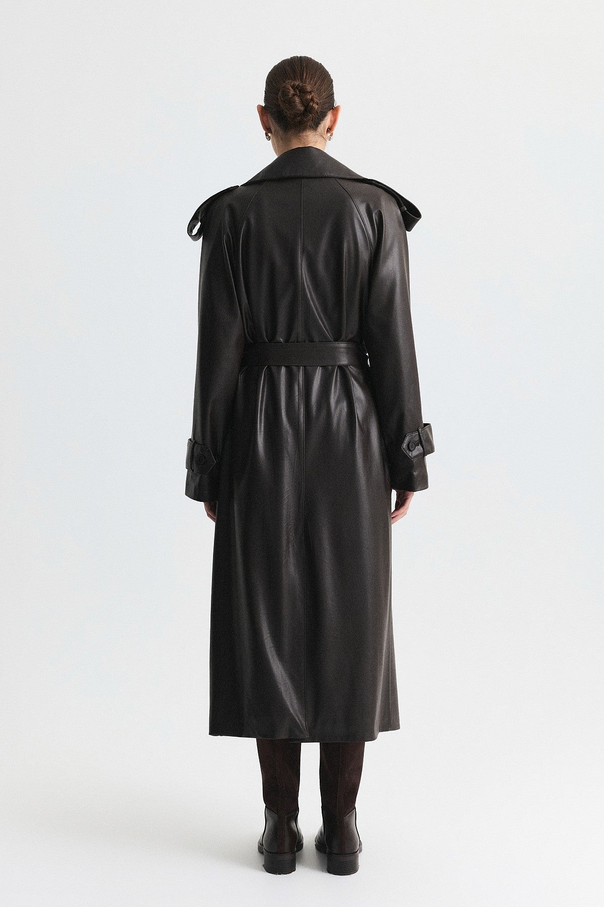 Textured Faux Leather Long Trench Coat