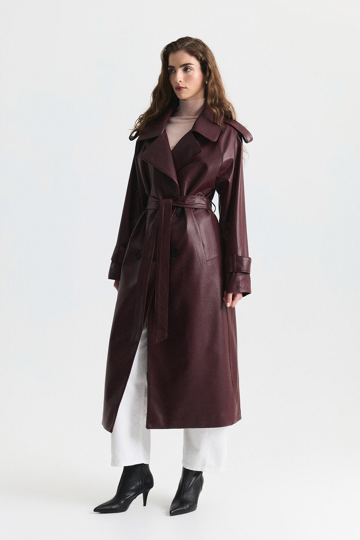 Textured Faux Leather Long Trench Coat