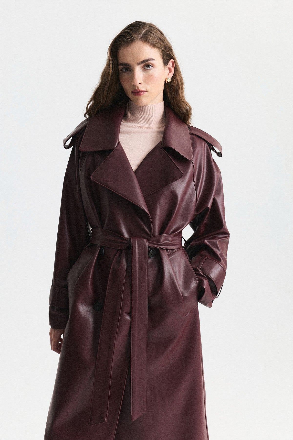 Textured Faux Leather Long Trench Coat