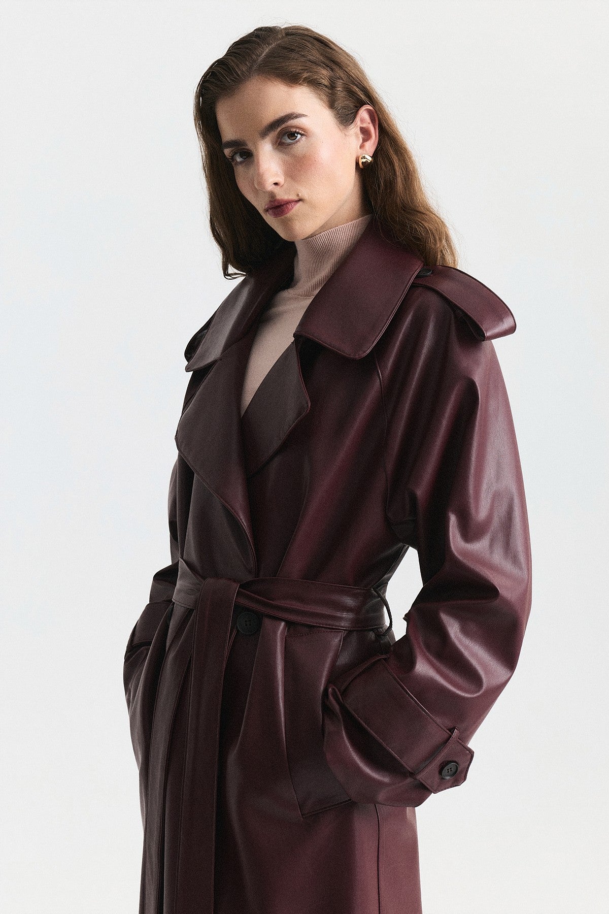 Textured Faux Leather Long Trench Coat