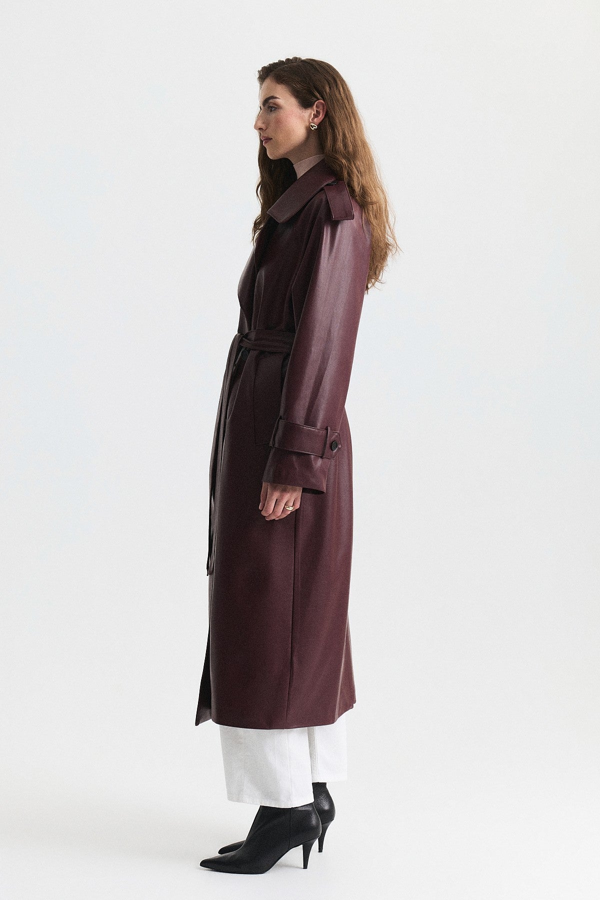 Textured Faux Leather Long Trench Coat