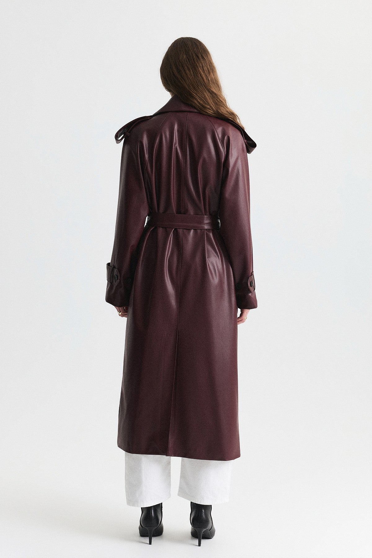 Textured Faux Leather Long Trench Coat