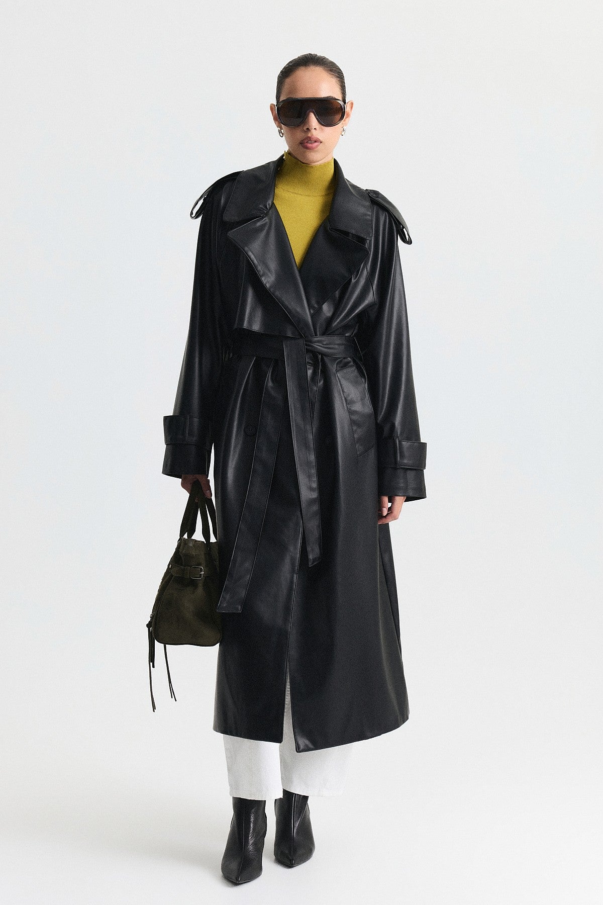 Textured Faux Leather Long Trench Coat