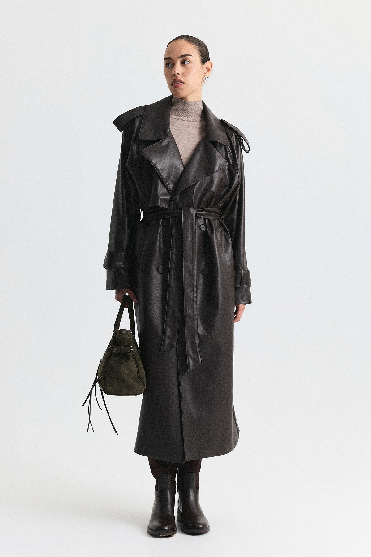 Textured Faux Leather Long Trench Coat