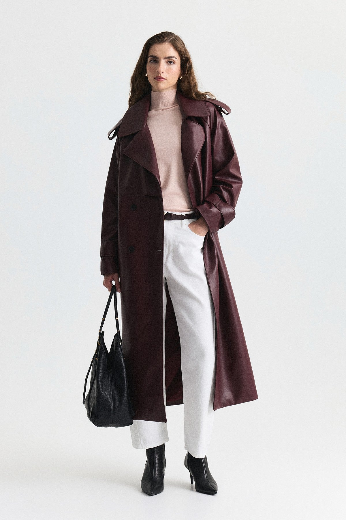 Textured Faux Leather Long Trench Coat