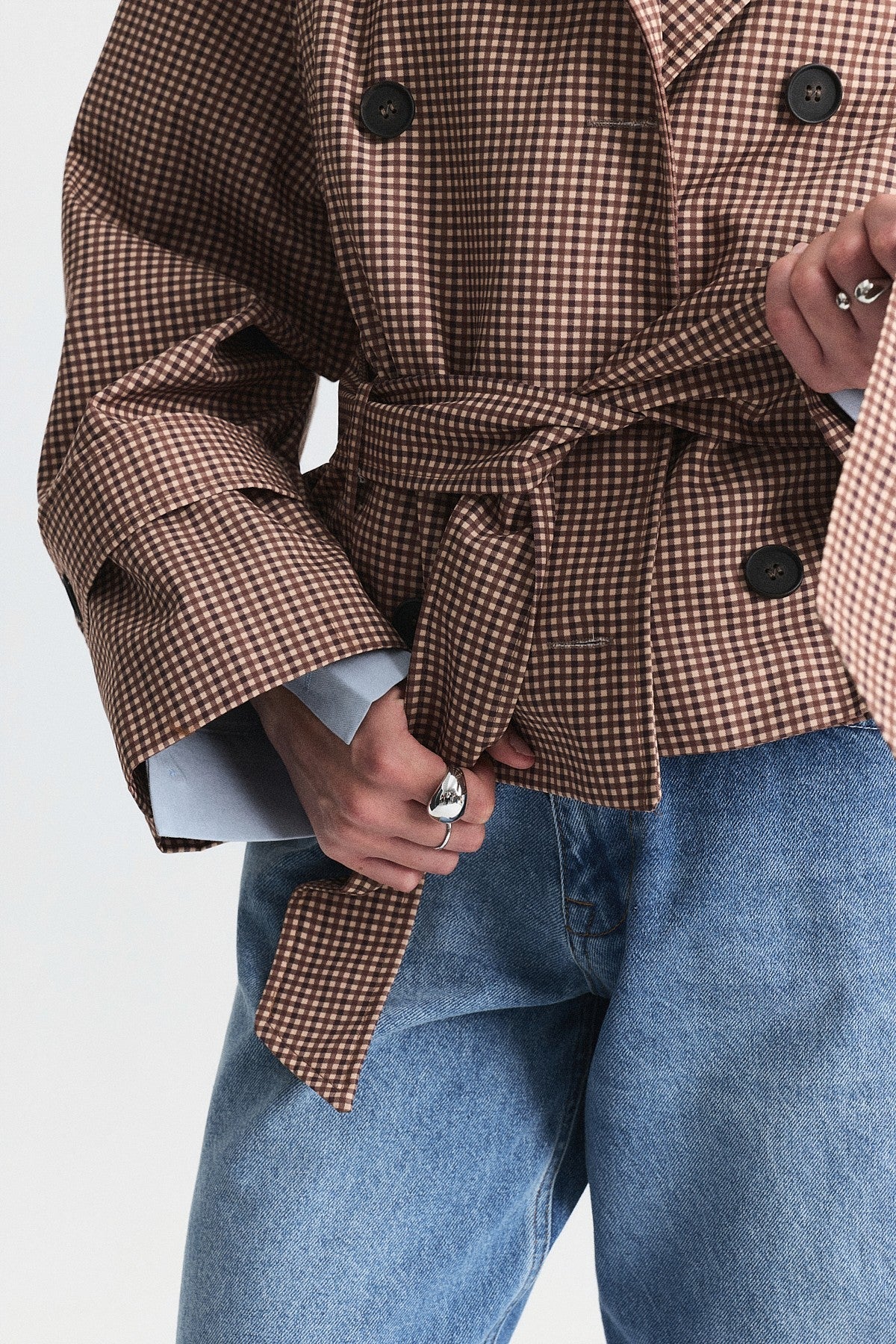 Short Trench Coat with a Checkered Pattern and a Belt