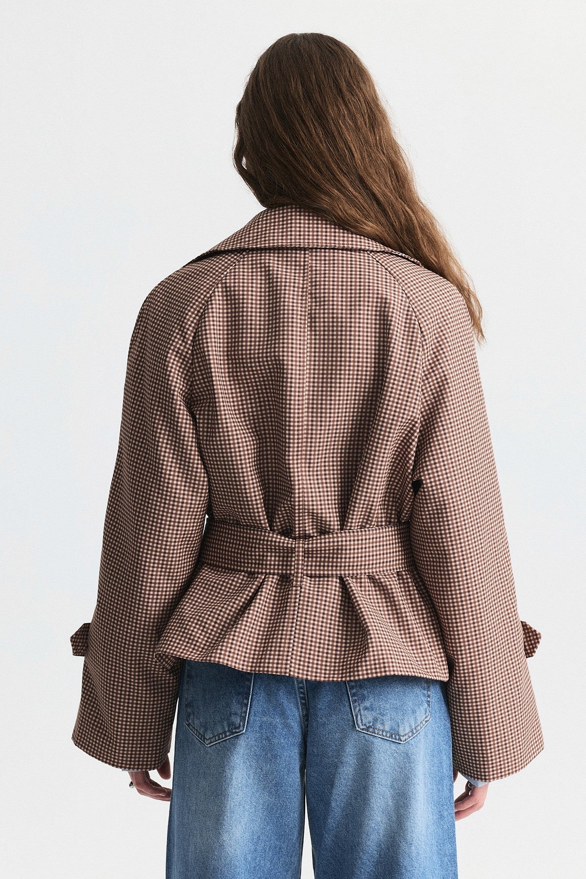 Short Trench Coat with a Checkered Pattern and a Belt